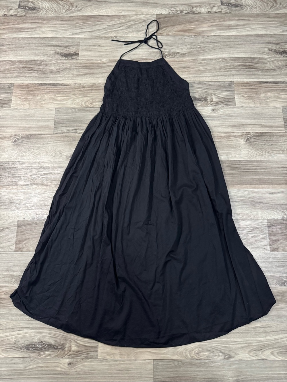 All Saints Iris 100% Cotton Halter Maxi Dress in Black Shirred Bodice Size 8
